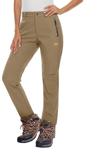 MAGCOMSEN Womens Fleece Lined Waterproof Insulated Softshell Outdoor Snow Ski Pants Winter Warm Hiking Pants Khaki S