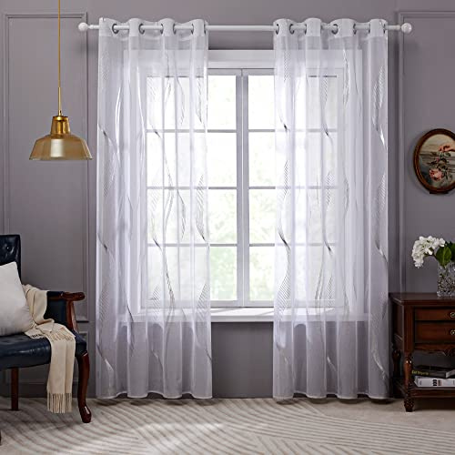 Deconovo Gardinen Weiß Vorhang Transparent Leinenoptik Ösenvorhang Voile Ösenschal Wohnzimmer, 145x140, Kurve Welle