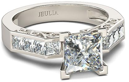 Jeulia Anillo de compromiso de diamante de Eternity para mujer: plata de ley con corte princesa de 4 puntas, anillos de circonita, joyas de aniversario con caja de regalo