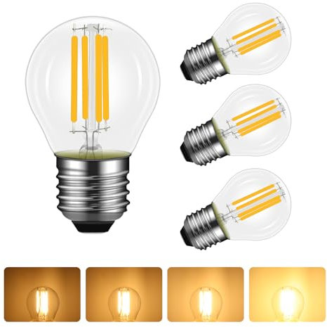 Paquete de 4 Bombillas Filamento LED E27 4W Regulable, G45 Forma, Equivalente a Incandescente 40W, Blanco Cálido 2700K, 400 Lúmenes, , E27 Transparente Esférico, Filamento Retro, El Ahorro de Energía