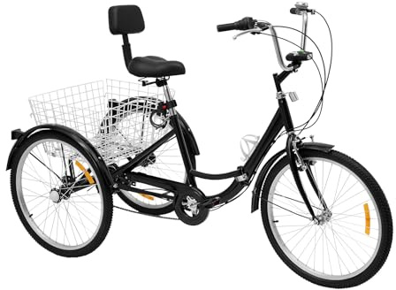 HOARLICN Trehjuling för vuxna trehjuling 24 tum, cykel med korg 3-hjuls cykel 7 växlar cykeltrike med ljus & shoppingkorg cykel city bike vikbar höjd justerbar tricycle, svart