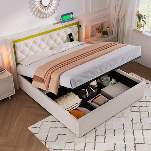 Aoskem Polsterbett Bett 140x200 cm Doppelbett, Bett mit Stauraum Underbett, LED-Kopfteil mit USB/TypC, Stauraumbett Bettgestell mit Lattenrost, Jugendbett Funktionsbett, Ohne Matratze, Baumwolle Beige