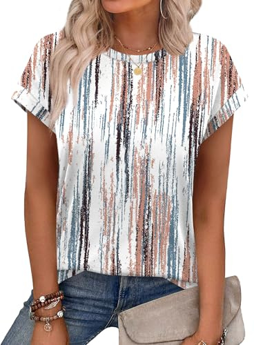 Aokosor Womens Summer Tops Floral Printed Short Capsleeve Shirts Crew Neck Casual Short Sleeve White Tops Size 14-16 for UK