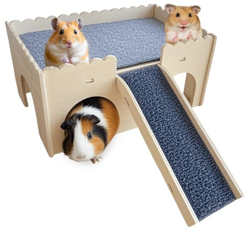 Cachette pour cochon d'Inde à plusieurs étages - Lit en bois avec escalier et tapis - Maison en bois pour hamster - Maison amovible à plusieurs compartiments - Pour lapins, cochons d'Inde - Chinchilla