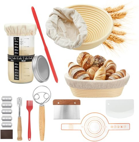 LZRBUBO Gärkorb brot Set 10-Teiliges,Sauerteig Starter Set - Inkl. 2 brot Gärkörbchen(23cm Runde und 25cm Ovale),730ml Gärglas, brot backen zubehör-Komplettset Sourdough Starter Kit für Einsteiger