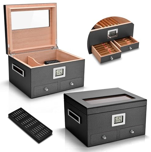 CLZOONG Cave à cigares Haut de Gamme en Bois de cèdre avec humidificateur et hygromètre, Double Compartiment de Rangement, boîte à cigares avec Couvercle en Verre pour Hommes, avec 2 tiroirs (Grey)