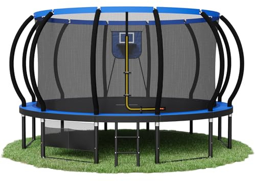 Devoko Trampoline Extérieur avec Panier de Basket Ø 228/305/366/427 cm, pour Enfants, avec Filet de Sécurité, Couverture de Protection, Design Citrouille, Capacité de Charge 150 kg