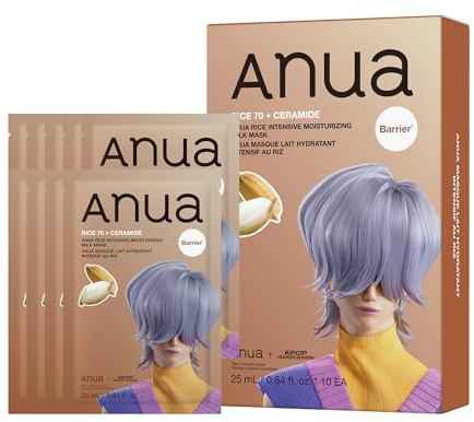 Anua Rice 70 Intensive Moisturizing Milk Mask, Bran Water 70%, 10EA | Ceramides, Skin Moisture Barrier, Hydrating Care Face Mask for Glass Skin, Korean Skincare