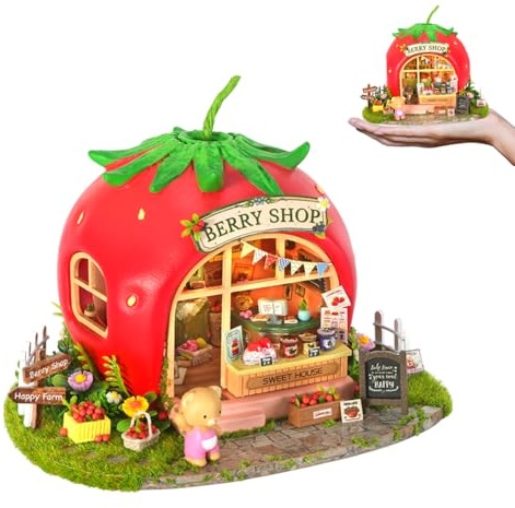 Montidey Dollhouse Miniature DIY House Kit,Mini 3D Wooden Doll House Craft Model with LED Creative Room Perfect DIY Gift for Friends, Lovers and Families (Bear Berry Shop)