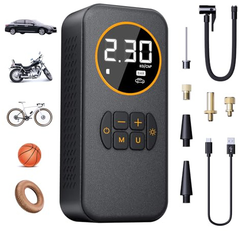 Rizeola Compressore Aria Portatile Auto, 8000mAh Mini Compressore a Batteria 150 PSI (10,3Bar), Pompa per Pneumatici a Gonfiaggio Rapido per Auto, Bicicletta, Palloni