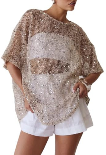 Barbotimer Women Sequin Sheer Short Sleeve Glitter T Shirt Oversized Sparkle See Through Crochet Cover Up Swimsuit Beach Mesh Blouse Top