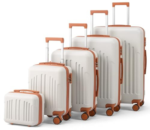 LEADZM Juego de Maletas de 5 Piezas con Neceser (Beige-Marrón)