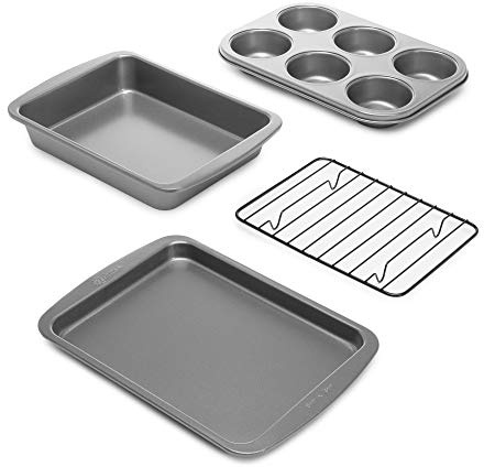 Ecolution Non-Stick Toaster Oven Bakeware Set 4-Piece, Carbon Steel, Easy to Clean and Perfect for Single Servings, Gray