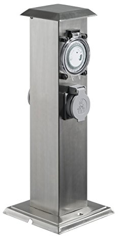 IBV Energiesäule 2 Steckdosen Zeitschaltuhr Gartensteckdose Mehrfachsteckdose (Edelstahl Farbe)