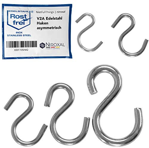 NietFullThings Gancio asimmetrico a S in acciaio inox V2A, gancio a S, piccolo diametro 4 mm, spessore 36 mm, lunghezza gancio in metallo per appendere, gancio in acciaio inox per appendere