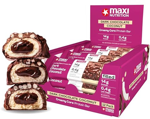MaxiNutrition Creamy Core Bar Dark Chocolate Coconut, 12x45g Filled-Protein-Riegel, 32% Eiweißgehalt 14g je Riegel, low Sugar (1g), ohne Zuckerzusatz, ohne künstliche Aromen