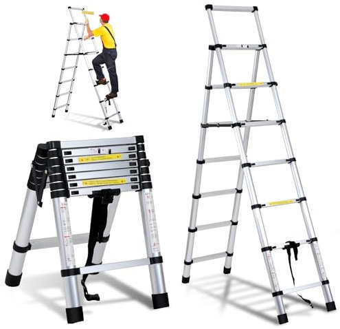 Ikodm Escalera telescópica Plegable de Aluminio de 2,0m+2,3m,Marco A, 6+7 peldaños, Escalera Extensible para Reparaciones de Techo, tamaño Plegado 69 cm, Capacidad de Carga de 150 kg