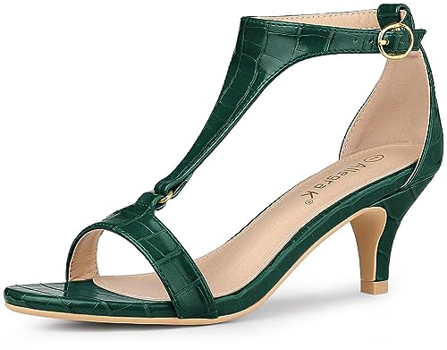 Allegra K Women's T Strap Embossed Kitten Heel Sandals Dark Green 5 UK/Label Size 7 US