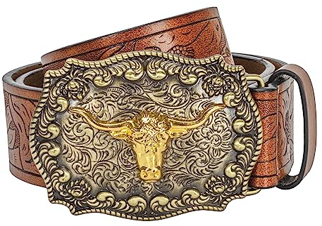 JowTreex Cintura in pelle con fibbia western – Cintura con fibbia cowboy Longhorn toro motivo con incisione floreale per uomini e donne, marrone, for 69-82 cm waist
