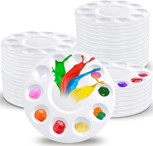 MUXHEL 40PCS Paint Palette, Plastic Round Paint Tray Palette with 10 Wells and 1 Central Reservoir, White Paint Pallets for Children Acrylic Oil Watercolor DIY Craft Professional Art Painting