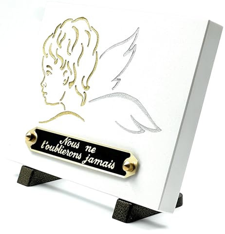 Plaque Funéraire Enfant Bébé Ange Or |Plaque funreaire blanche |Pierre tombale |Plaque Commémorative| Ornement funéraire | Plaque mortuaire | Decoration tombe cimetiere | (PETIT 15x20CM)