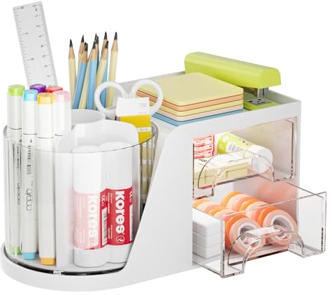 Marbrasse Organiseur de Bureau,360 Degrés Rotatif Organiseur de Bureau,5 Compartiments Boîte de Rangement pour Fournitures Artistiques pour Maison(Blanc)
