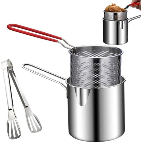 Pentolino Friggitrice Con Cestello - Mini Padella Per Friggere In Acciaio Inox, Pinza Inclusa - Per Patatine Fritte
