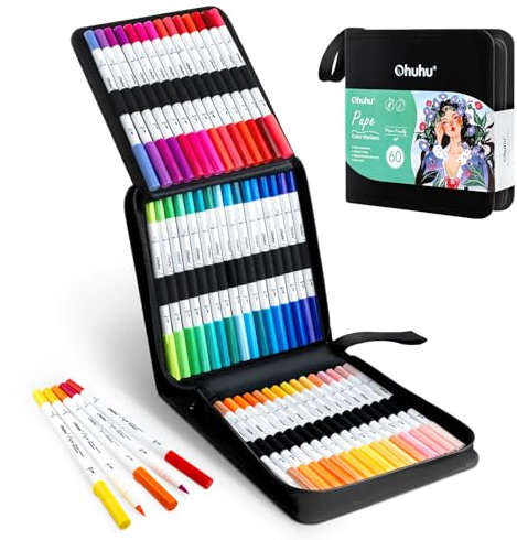 Ohuhu 60 Farben Filzstifte - Papierfreundliche Marker auf Wasserbasis, Doppelspitzige Filzstifte Set für Erwachsene, Anfänger, Kalligraphie Skizze Journal, Geruchlos & Nicht Blutend