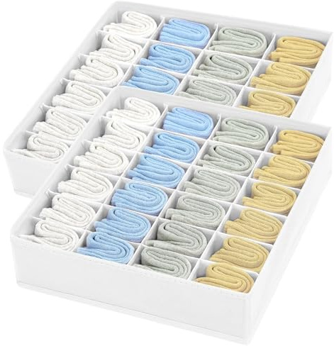 DIMJ Unterwäsche Socken Organizer - 2er Set, 48 Fächer (2x24) Schrank Schubladen Organizer, Faltbare Ordnungssystem Kleiderschrank, Aufbewahrungsboxen Kleidung, für kommode, Krawatten, Weiß