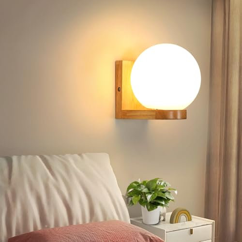 DELIPOP Applique da Parete Interno Legno, Vintage Lampada da Parete con Paralume di Vetro, E27 Lampada a Muro per Camera da Letto, Soggiorno, Corridoio, Scale