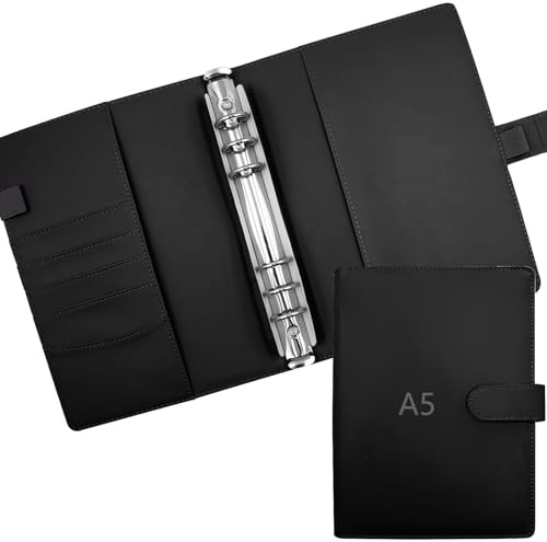 ROEOWENE A5 Ringpärm, 6 hål, påfyllningsbar A5-binder, anteckningsbok, omslag i PU-läder, anteckningsbok med lösa blad, kompatibel med budgetblad, pärmfickor, bindekortssamlare, fotokortalbum, svart