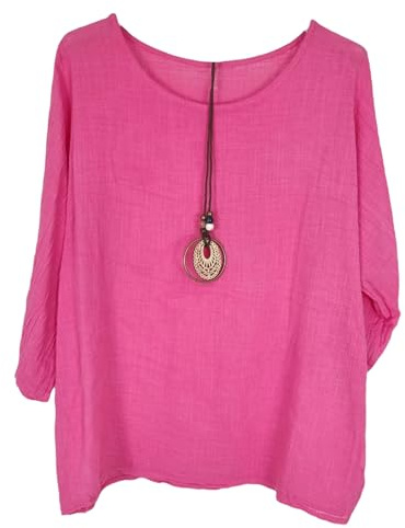 Kiran Fashion New Ladies 100% Cotton Tops Lagenlook One Size Plain for Summers Beach Casual (UK, Alpha, One Size, Regular, Regular, Hot Pink)