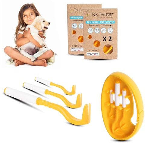 Tire Tique pour Chien, Chat et Humain (Lot de 2 Sets de 3) - Retrait Facile, Rapide et Sans Douleur – Pince à Tique avec Boîte de Rangement, Idéal en Voyage et à la Maison (ORANGE, 2 SETS)