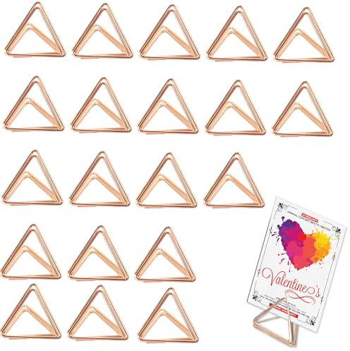 TUYOBG Portacarte in oro rosa 20 pezzi – Porta biglietti triangolari per matrimonio, feste, numeri da tavolo, note e foto – Porta foto in metallo per decorazione da tavolo e menù