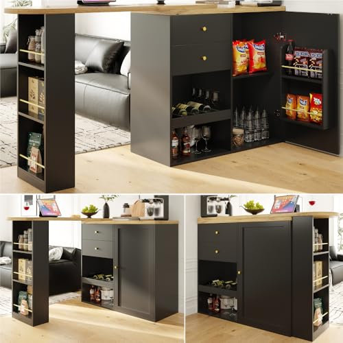 Table de bar rotative à 360° (corps principal 105 x 39 x 102 cm), avec 2 tiroirs et armoire à portes coulissantes, 3 niveaux de rangement ouvert, adaptée à la salle à manger/bureau/salon, etc. (Black)