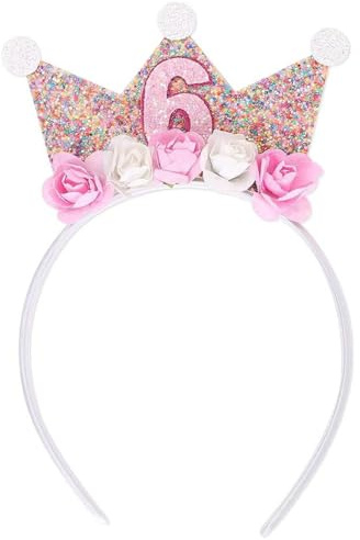 YAWYO Corona de Cumpleaños Rosa, Decoración para Fiesta de Princesas de 6 Años, Corona de Cumpleaños de Princesa con Brillantina para Niñas, Diadema de Fiesta Infantil
