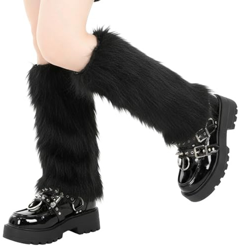 APLZGMG Women's Faux Fur Leg Warmers, Black Furry Boot Cuffs, Warm Fuzzy Boot Covers for Party, Costume & Holiday (Halloween, Christmas), Black Faux Fur Leg Warmers