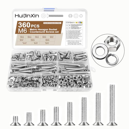 360 Pcs M6 Countersunk Bolts and Nuts Sets, Flat Head Hex Socket Head Cap Screws Assortment Kit, Stainless Steel Countersunk Machine Screws Assorted Nuts and Bolts with Washers