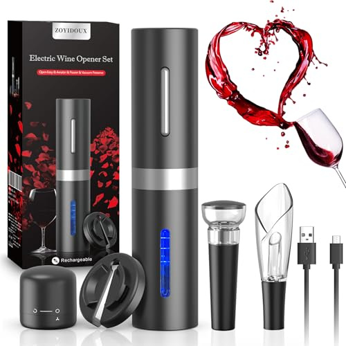 ZOYIDOUX Set regalo apribottiglie elettrico ricaricabile 6 in 1 con USB-C – Include tagliacapsule, 2 tappi sottovuoto e versatore per vino e decanter aeratore 2 in 1 – per gli amanti del vino