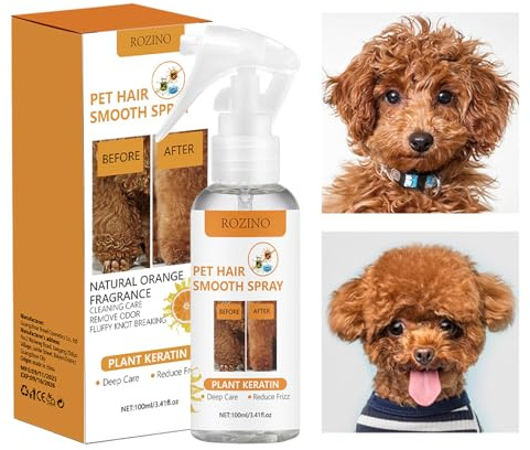 Spray lissant pour poils d'animaux, Pour chiens et chats, 100 ml, Soin anti-bouloches Démêlant anti-nœuds, Anti-statique, Améliore la qualité des poils, Réduit les odeurs, Prévient les enchevêt