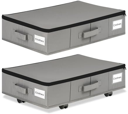 Under Bed Storage Box With Lid, Foldable Bed Storage Container, Wheeled Dustproof Storage Box for Dorms or Home Use, Holds Clothes, Shoes, Scarves, Hats, Quilts, Blankets, Pants, Books (Set of Two)