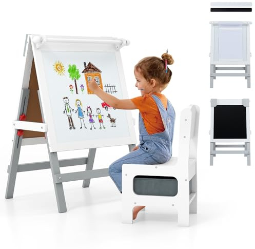 GOPLUS Caballete de Arte 3 en 1 para Niños, Juego de Caballete y Silla Infantil con Pizarra de Doble Cara, Altura Ajustable, Cajón, Portarrollos, Pizarra de Dibujo para Niños de 3+ Años (Gris)