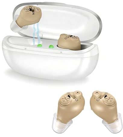 Dispositivo de sonido invisible para adultos y personas mayores, dispositivo de audio recargable con funda de carga, diseño invisible intraural, excelencia de sonido, ajuste cómodo (blanco)