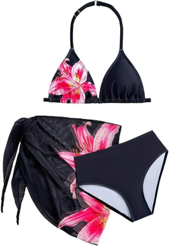 Awinclo Girls 3 Piece Bow Bikini Set Halter Triangle Cover Up Skirt Cute Summer Vacation Beach Pool Swimsuit Black 11 Years
