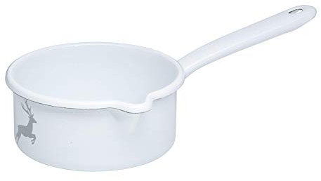 Riess, 0036-067, Stielkasserolle mit großem Ausguss 14 0,75 L, COUNTRY - HIRSCH GRAU, Durchmesser 14 cm, Höhe 6,7 cm, Inhalt 0,75 Liter, Emaille, weiß mit grauem Hirsch