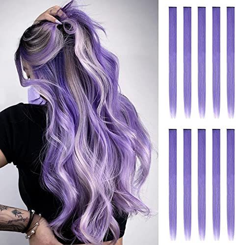 FESHFEN Coloured Clip in Hair Extensions, Purple 10 PCS Highlighted Colourful Straight Synthetic Lilac Clip in Hairpiecess for Women Daily Party, 22 inch