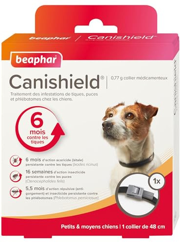 BEAPHAR - CANISHIELD 0,77 g – 1 Collier médicamenteux antiparasitaire pour Petits et Moyens Chiens – Substance Active : Deltaméthrine - Agit Contre Les tiques, Les puces et Les phlébotomes – 48 cm