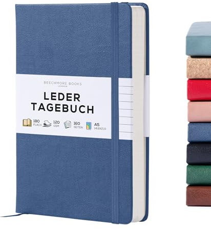 Linjerad anteckningsbok – Premium A5 dagbok från Beechmore Books | Klassisk 21,4 x 14,5 cm hårt omslag av veganläder, tjockt 120 gsm gräddfärgat papper | Presentask |