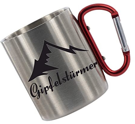 Edelstahltasse mit Karabiner - Gipfelstürmer - 330ml, auch mit Name, Blechtasse, Campingtasse, Kaffeetasse mit Motiv,Bürotasse, bedruckte Tasse personalisiert mit Namen