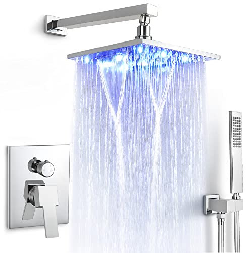 SKOWLL - Cabezal de ducha LED con montaje en pared de mano para bañera, cabezal de ducha de lluvia de cobre con luces y accesorios de ducha de baño, cromo pulido